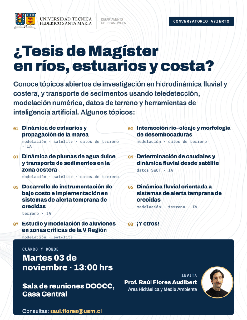 Afiche del conversatorio abierto ¿Tesis de Magíster en ríos, estuarios y costa?, martes 3 de noviembre, 13:00 hrs, Sala de reuniones DOOCC, Casa Central