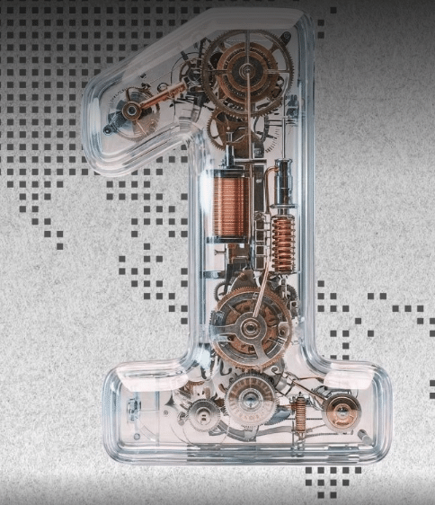 Número 1 con engranajes y mecanismos transparentes, imagen alusiva al primer lugar nacional de la USM en Ingeniería en el ranking World’s Top 2% Scientists 2026